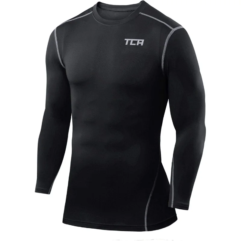 Women's Long Sleeve T-shirt with Rolled Sleeves -TCA Pro Performance Mens Long Sleeve Compression Top - Black