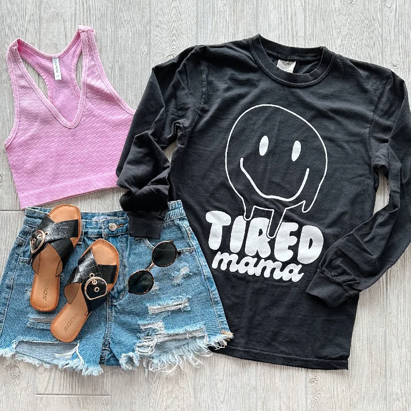 Women's Long Sleeve T-shirt with Button Detail -Tired Mama • Vintage Black Long Sleeve Women's Long Sleeve T-shirt with Button Detail -Tired Mama • Vintage Black Long Sleeve