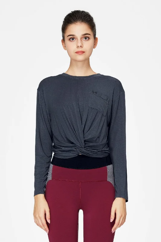 Women's Long Sleeve T-shirt with Lace Detail -Twist Crop Long Sleeve Top