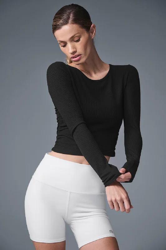Women's Cozy Long Sleeve T-shirt for Evening Wear -Gather Long Sleeve - Black
