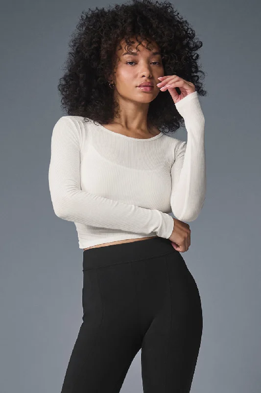 Women's V-neck Long Sleeve T-shirt for Casual Wear -Gather Long Sleeve - Ivory