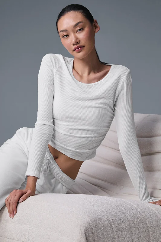 Women's Soft Cotton Long Sleeve T-shirt for Layering -Gather Long Sleeve - White