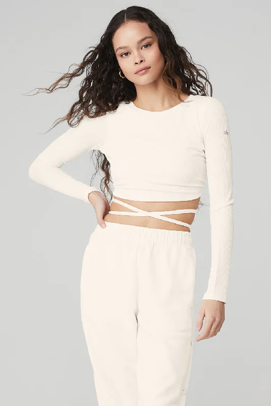 Women's Comfortable Long Sleeve T-shirt for Casual Days -Ribbed Manifest Long Sleeve - Ivory Women's Comfortable Long Sleeve T-shirt for Casual Days -Ribbed Manifest Long Sleeve - Ivory