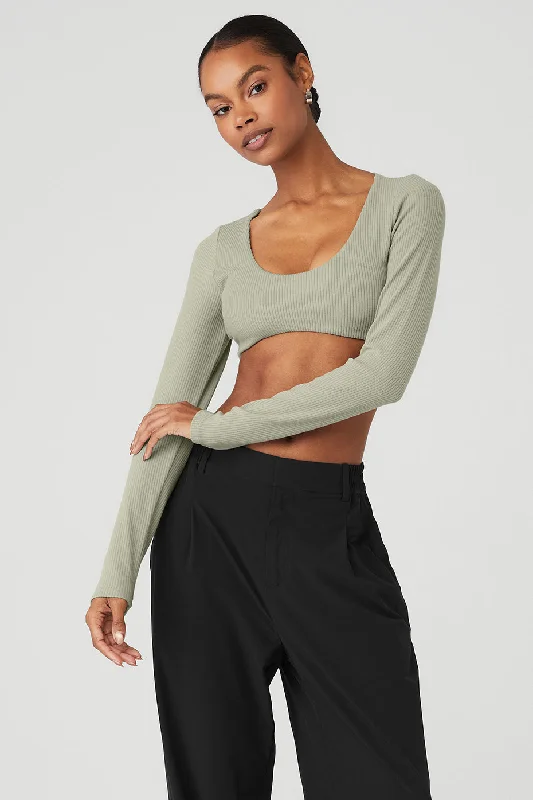 Women's Versatile Long Sleeve T-shirt with Detailed Design -Ribbed Defined Long Sleeve Bra - Limestone Women's Versatile Long Sleeve T-shirt with Detailed Design -Ribbed Defined Long Sleeve Bra - Limestone
