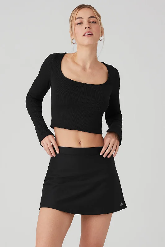 Women's Stylish Long Sleeve T-shirt for Day-to-day Wear -Alosoft Ribbed Show Stopper Long Sleeve Top - Black