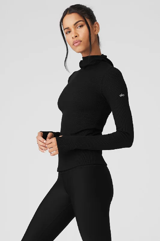 Women's All-weather Long Sleeve Shirt for Easy Style -Alosoft Ribbed Frontrunner Long Sleeve - Black Women's All-weather Long Sleeve Shirt for Easy Style -Alosoft Ribbed Frontrunner Long Sleeve - Black