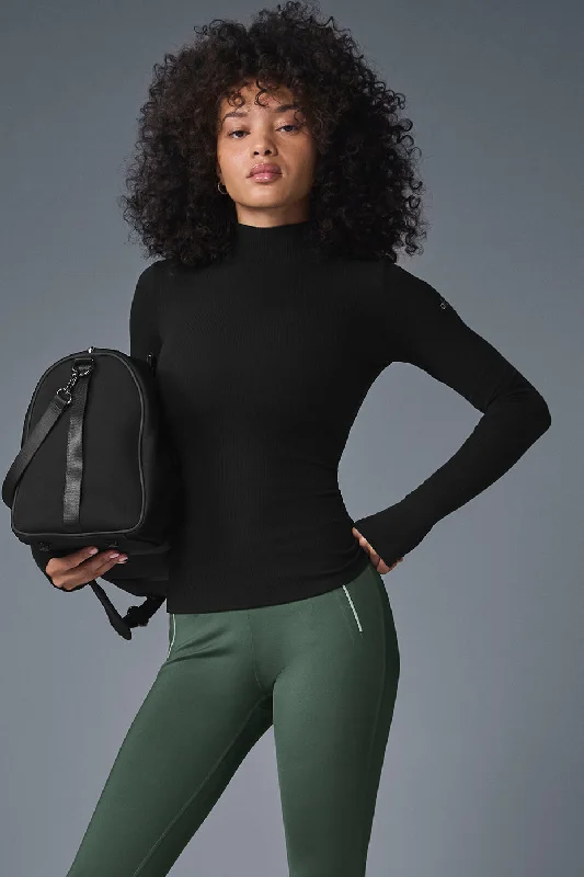 Women's Warm and Cozy Long Sleeve T-shirt for Winter -Wellness Rib Mock Neck Long Sleeve - Black Women's Warm and Cozy Long Sleeve T-shirt for Winter -Wellness Rib Mock Neck Long Sleeve - Black