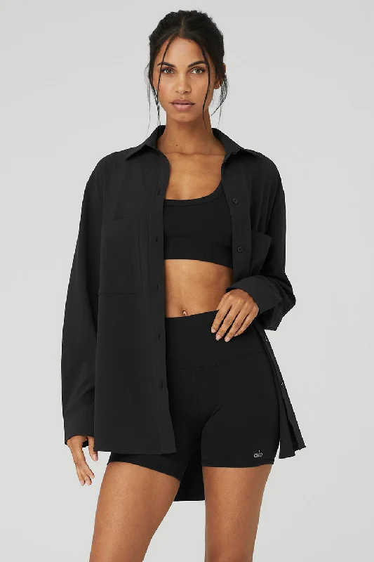 Women's Simple Long Sleeve T-shirt for Easy Dressing -Dreamscape Button Down Long Sleeve - Black Women's Simple Long Sleeve T-shirt for Easy Dressing -Dreamscape Button Down Long Sleeve - Black