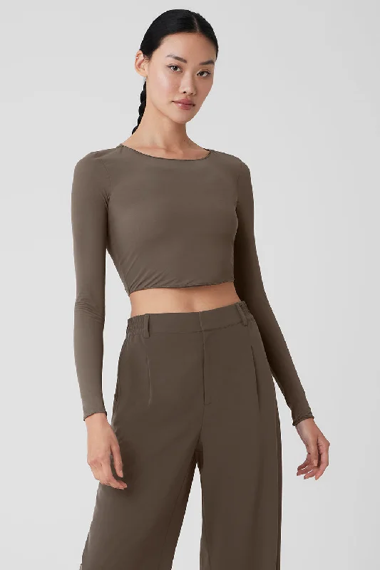 Women's Simple Long Sleeve T-shirt for Wardrobe Essentials -Mesh Sheer Illusion Long Sleeve - Olive Tree Women's Simple Long Sleeve T-shirt for Wardrobe Essentials -Mesh Sheer Illusion Long Sleeve - Olive Tree
