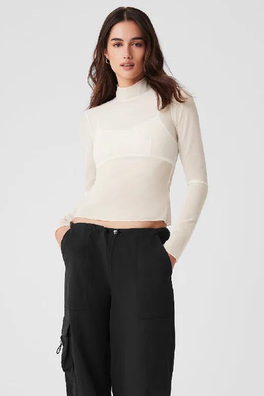 Women's Cozy Long Sleeve T-shirt for Layering Comfort -Mesh Sheer Illusion Mock Neck Long Sleeve - Ivory Women's Cozy Long Sleeve T-shirt for Layering Comfort -Mesh Sheer Illusion Mock Neck Long Sleeve - Ivory