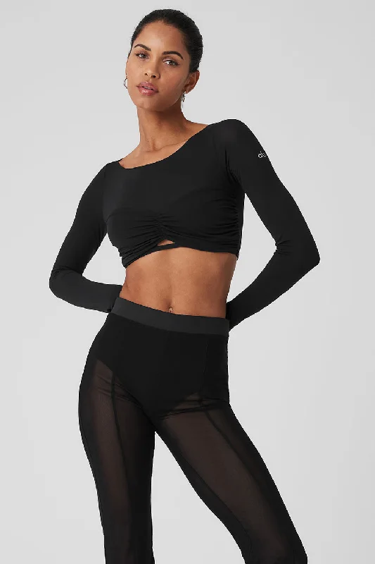 Women's Soft and Stretchy Long Sleeve T-shirt for Day Wear -Mesh Sheer Illusion Cropped Long Sleeve - Black Women's Soft and Stretchy Long Sleeve T-shirt for Day Wear -Mesh Sheer Illusion Cropped Long Sleeve - Black