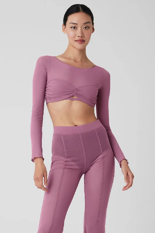 Women's Printed Long Sleeve T-shirt for Casual Outfits -Mesh Sheer Illusion Cropped Long Sleeve - Soft Mulberry