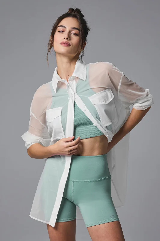 Women's Casual Long Sleeve T-shirt with Sleeve Details -Sheer Effusion Button Down Long Sleeve - White Women's Casual Long Sleeve T-shirt with Sleeve Details -Sheer Effusion Button Down Long Sleeve - White