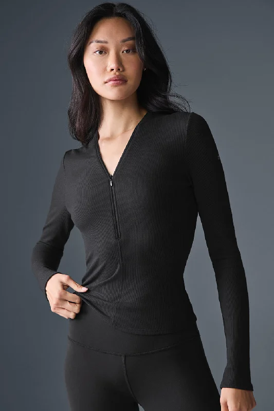 Women's Soft and Stretchy Long Sleeve T-shirt -Ribbed Mesmerize Long Sleeve - Black