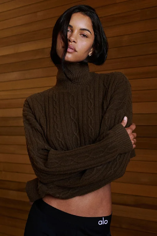 Women's Relaxed Fit Long Sleeve T-shirt with Graphic Print -Cable Knit Cropped Winter Bliss Turtleneck Long Sleeve - Espresso Women's Relaxed Fit Long Sleeve T-shirt with Graphic Print -Cable Knit Cropped Winter Bliss Turtleneck Long Sleeve - Espresso