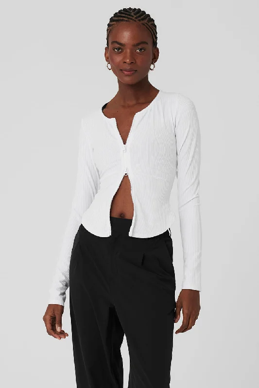 Women's Comfy Long Sleeve Shirt for Easy Days -Ribbed Stardust Long Sleeve - White