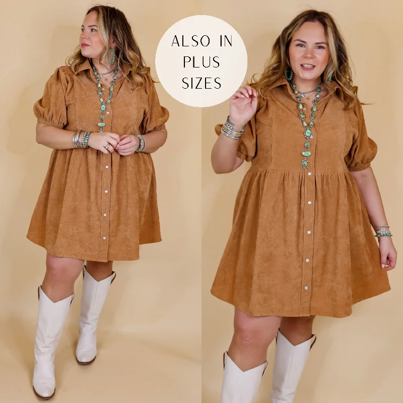 Doll Dress with Patchwork Design -Adventures Ahead Button Up Corduroy Babydoll Dress in Camel Brown Doll Dress with Patchwork Design -Adventures Ahead Button Up Corduroy Babydoll Dress in Camel Brown