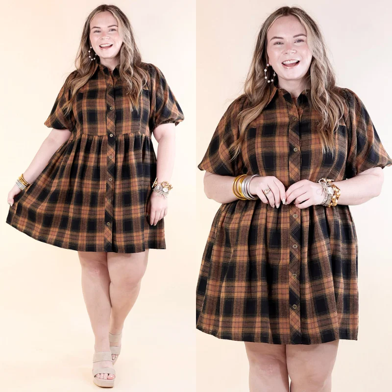 Doll Dress with Knit Material -Adventures Ahead Plaid Button Up Babydoll Dress in Camel Brown Doll Dress with Knit Material -Adventures Ahead Plaid Button Up Babydoll Dress in Camel Brown