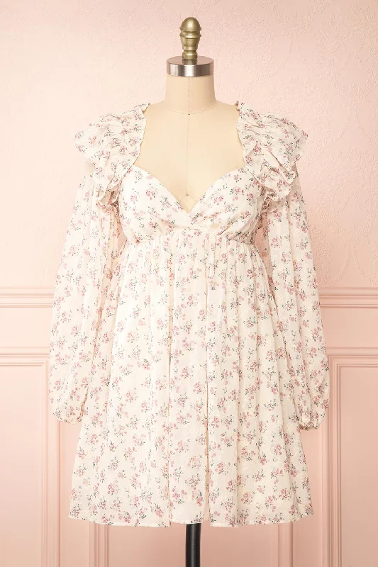 Doll Dress with Applique Design -Alvia | Short Floral Babydoll Dress w/ Ruffles