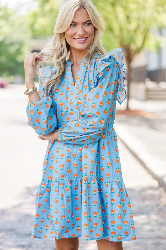 Doll Dress for Doll Accessories -At This Time Blue Floral L/S Babydoll Dress