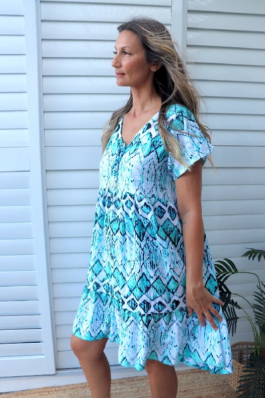 Doll Dress for Dolls 14-inch -Baby Doll Button Up Dress In Aqua Diamond