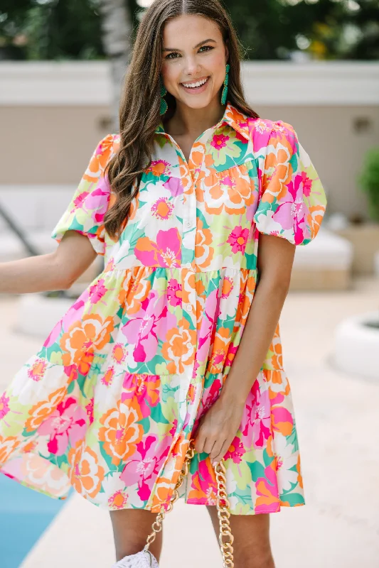 Doll Dress with Floral Embroidery -Back To Fun Orange Floral Babydoll Dress