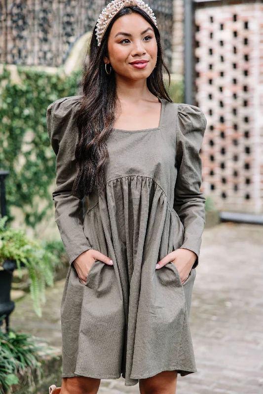 Doll Dress with Back Ribbon -In The Works Olive Green Babydoll Dress
