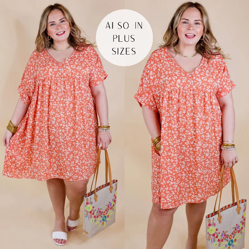 Doll Dress with Ruched Detail -Beauty In Blooms Floral Print Babydoll Dress in Coral Orange Doll Dress with Ruched Detail -Beauty In Blooms Floral Print Babydoll Dress in Coral Orange