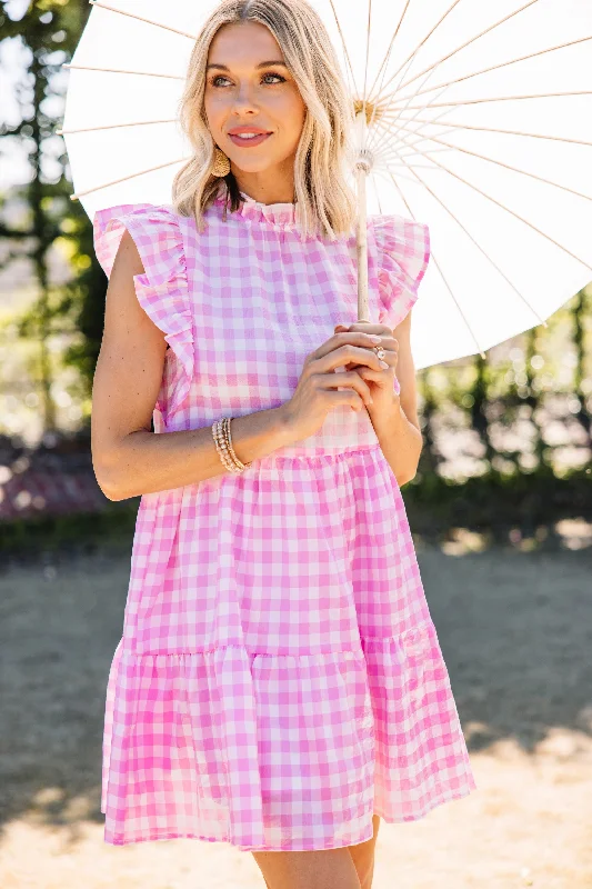 Doll Dress with Crystal Trim -Best Day Ever Pink Gingham Babydoll Dress