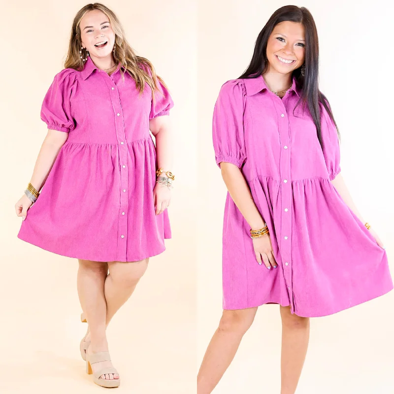 Doll Dress for Playtime -Adventures Ahead Button Up Corduroy Babydoll Dress in Magenta Pink Purple Doll Dress for Playtime -Adventures Ahead Button Up Corduroy Babydoll Dress in Magenta Pink Purple