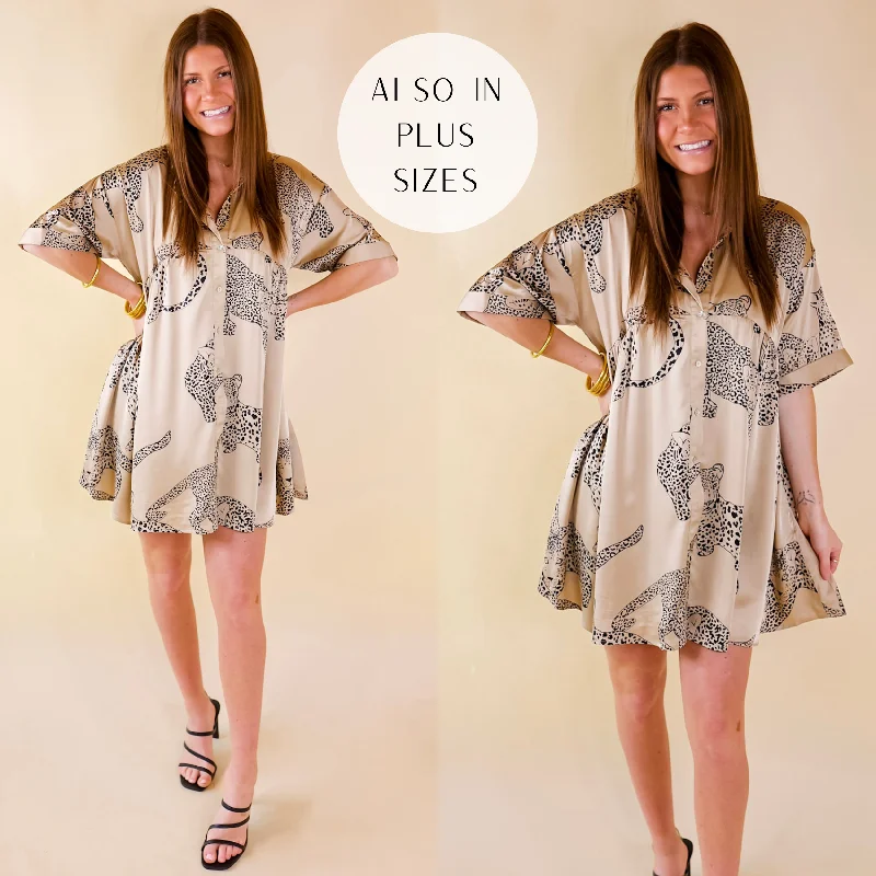 Doll Dress with Lacy Sleeves -Last Chance Size Small & XL | Ready To Flaunt Button Up Leopard Print Satin Babydoll Dress in Beige Doll Dress with Lacy Sleeves -Last Chance Size Small & XL | Ready To Flaunt Button Up Leopard Print Satin Babydoll Dress in Beige