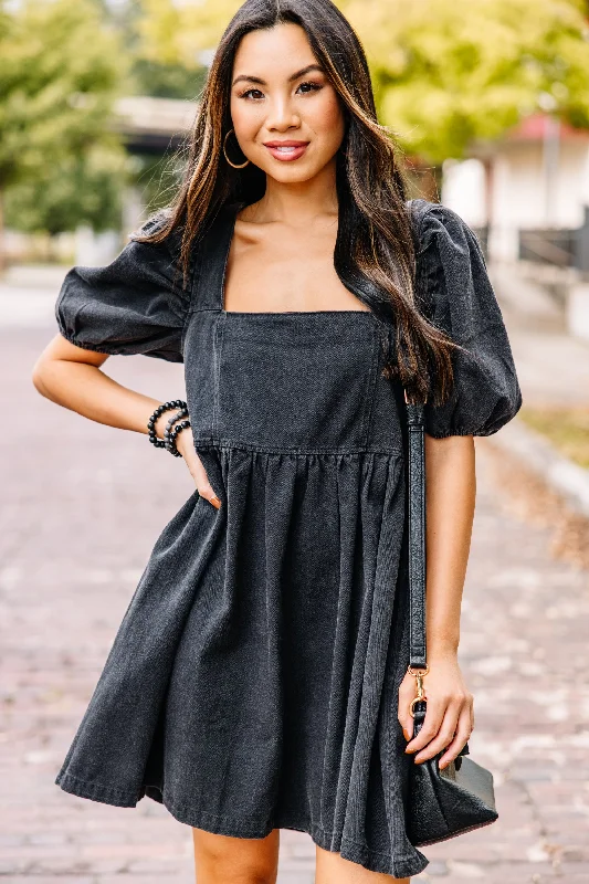 Doll Dress with Embroidered Skirt -Can't Deny It Black Denim Babydoll Dress