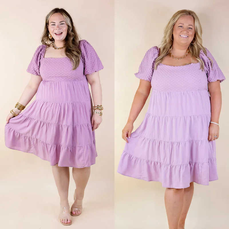Doll Dress with Brocade Design -Coastal Cruising Babydoll Dress with Short Balloon Sleeves in Lavender Purple