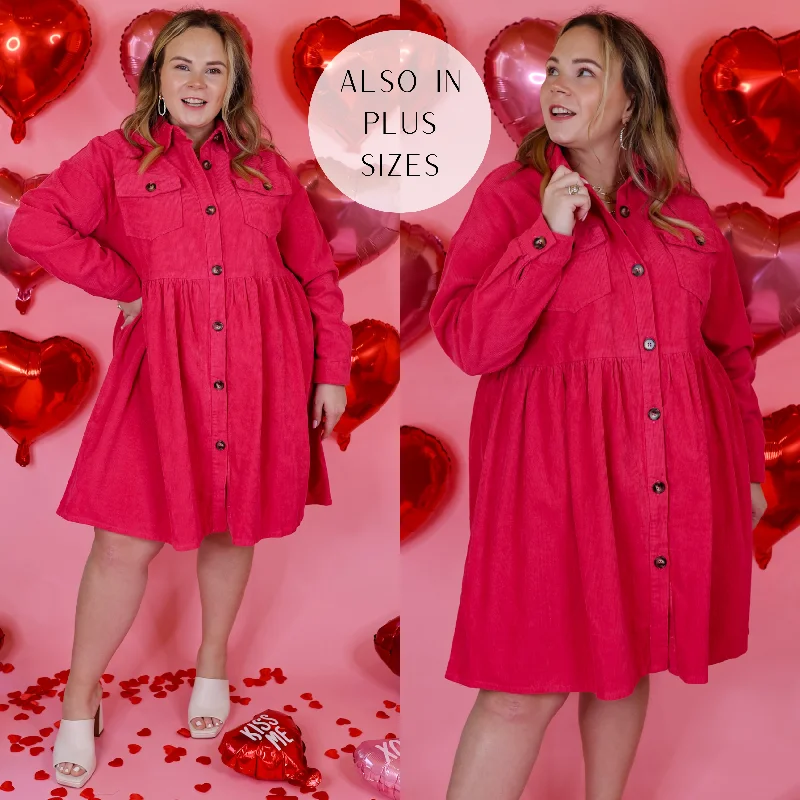 Doll Dress with Ribbon Embellishment -Over The Edge Corduroy Button Up Babydoll Dress in Hot Pink Doll Dress with Ribbon Embellishment -Over The Edge Corduroy Button Up Babydoll Dress in Hot Pink