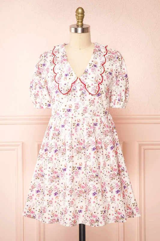Doll Dress with Sequin Top -Crustalam | Floral Babydoll Dress w/ Scalloped Collar