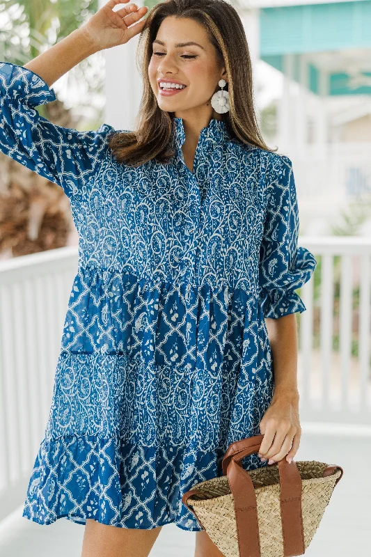Doll Dress with Bow Knot -Do Your Best Navy Blue Floral Babydoll Dress