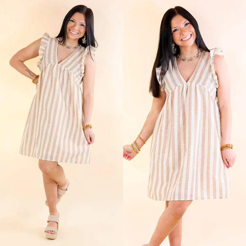 Doll Dress with Velvet Ribbon -Easy Going Striped Babydoll Dress with Ruffle Cap Sleeves in Taupe Doll Dress with Velvet Ribbon -Easy Going Striped Babydoll Dress with Ruffle Cap Sleeves in Taupe