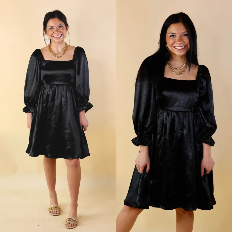 Doll Dress with Feather Detailing -Feeling Fine Satin Babydoll Dress with 3/4 Sleeves in Black Doll Dress with Feather Detailing -Feeling Fine Satin Babydoll Dress with 3/4 Sleeves in Black