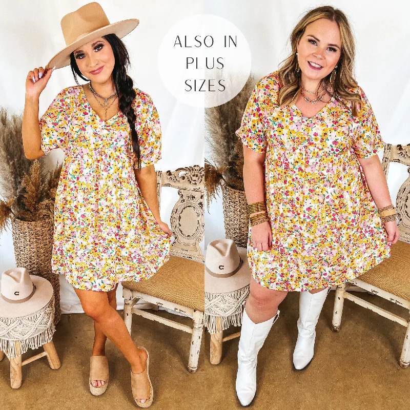Doll Dress with Netting -Last Chance Size 2XL | Fresh Blossoms Floral Babydoll Dress with V Neck in Yellow and Pink Doll Dress with Netting -Last Chance Size 2XL | Fresh Blossoms Floral Babydoll Dress with V Neck in Yellow and Pink
