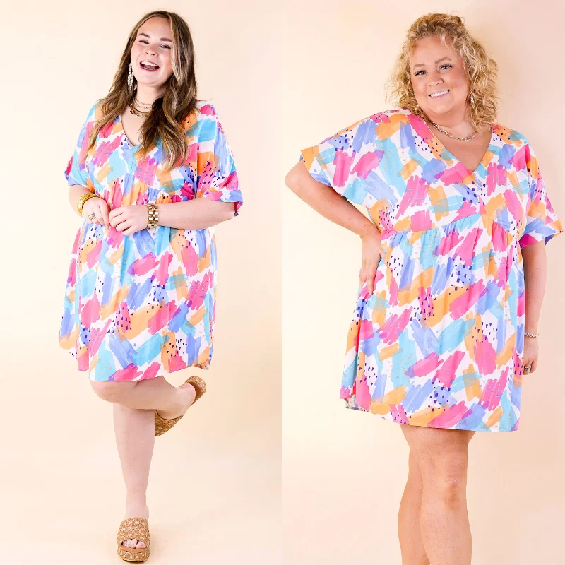 Doll Dress with Asymmetrical Hem -Fresh Blossoms Doodle Print Babydoll Dress with V Neck in Blue Mix Doll Dress with Asymmetrical Hem -Fresh Blossoms Doodle Print Babydoll Dress with V Neck in Blue Mix
