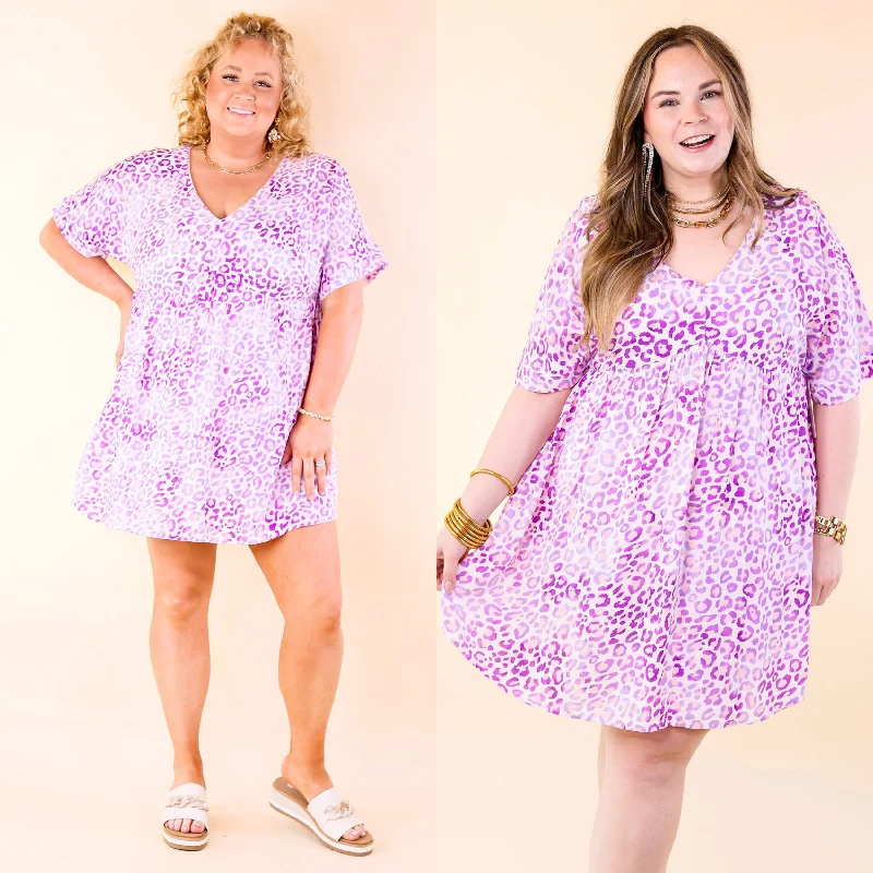 Doll Dress for Dolls 13-inch -Fresh Blossoms Leopard Print Babydoll Dress with V Neck in Purple Doll Dress for Dolls 13-inch -Fresh Blossoms Leopard Print Babydoll Dress with V Neck in Purple