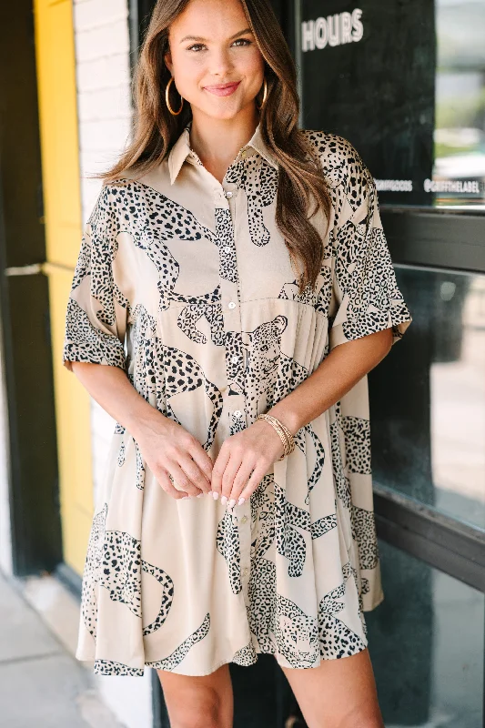 Doll Dress with Draped Bodice -Good Ideas Taupe Brown Cheetah Print Babydoll Dress