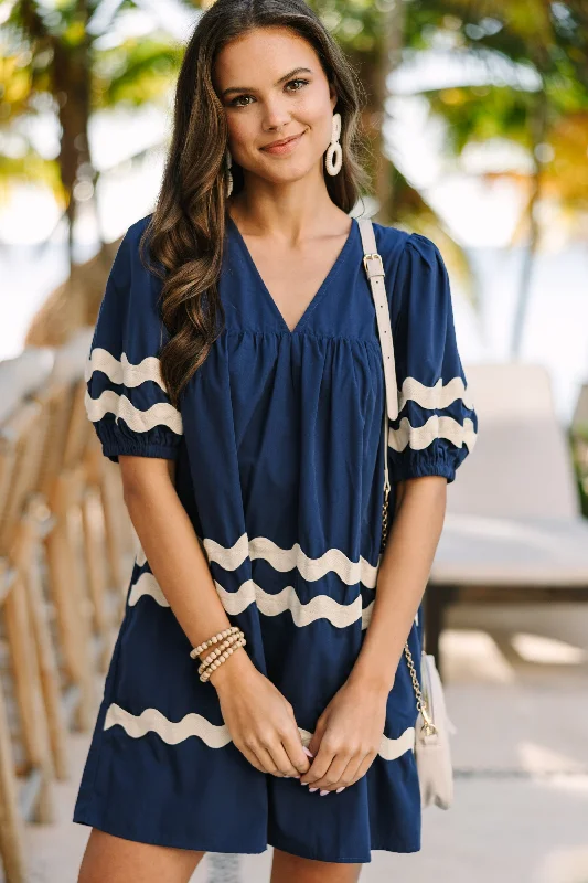 Doll Dress with Tweed Detail -Part Of The Fun Navy Blue Babydoll Dress