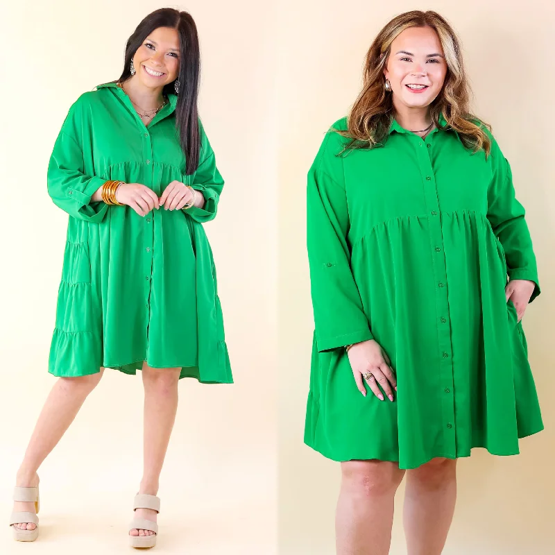 Doll Dress with Elastic Waist -Risky Business Button Up Babydoll Dress in Green