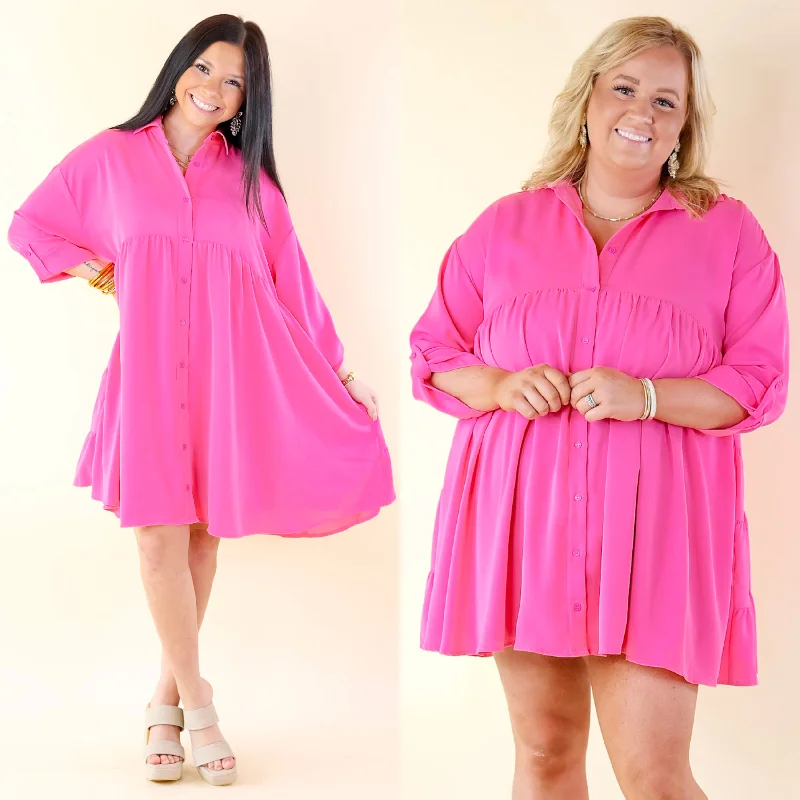 Doll Dress with Lace Detail on Skirt -Risky Business Button Up Babydoll Dress in Pink Doll Dress with Lace Detail on Skirt -Risky Business Button Up Babydoll Dress in Pink