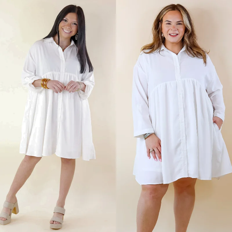 Doll Dress with Tailoring -Risky Business Button Up Babydoll Dress in White