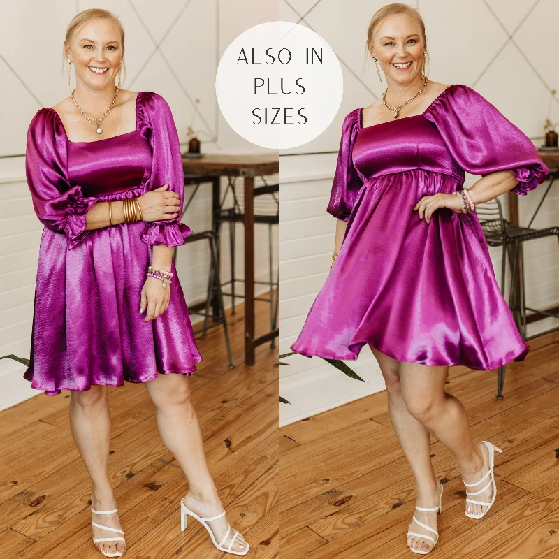 Doll Dress with Simple Design -Feeling Fine Satin Babydoll Dress with 3/4 Sleeves in Magenta Doll Dress with Simple Design -Feeling Fine Satin Babydoll Dress with 3/4 Sleeves in Magenta