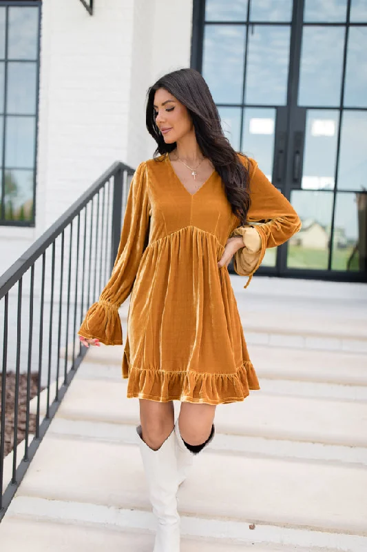 Doll Dress with Embossed Pattern -Spend Your Day Gold Babydoll Style Velvet Dress