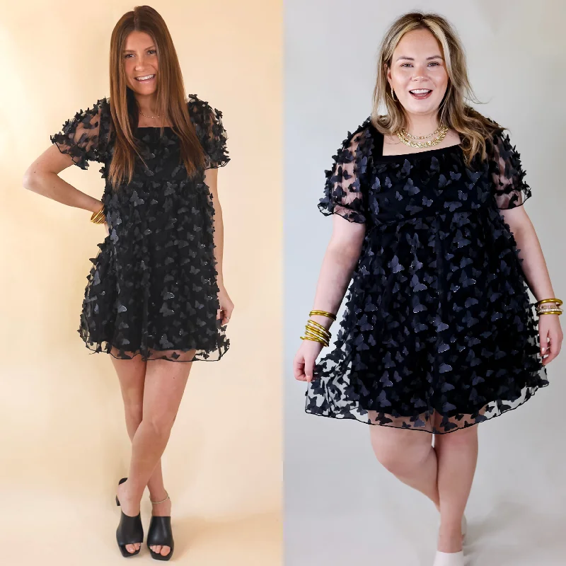Doll Dress with Spandex -Sweetest Rush Butterfly Print Babydoll Dress in Black