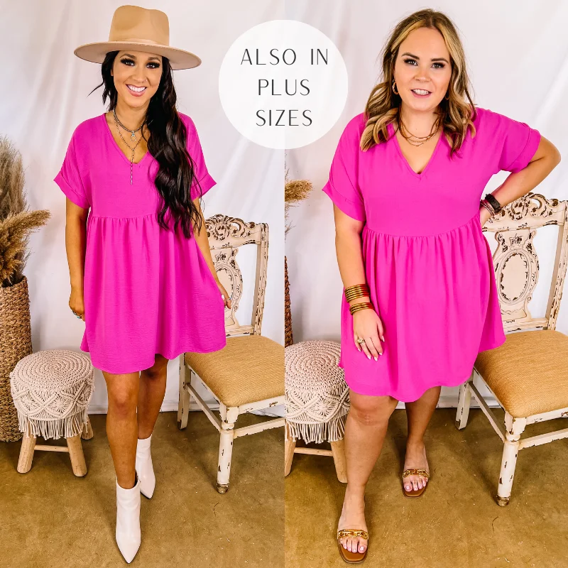 Doll Dress for Doll Boutique -Last Chance Size XL | Touring the City V Neck Babydoll Dress in Fuchsia Pink Doll Dress for Doll Boutique -Last Chance Size XL | Touring the City V Neck Babydoll Dress in Fuchsia Pink